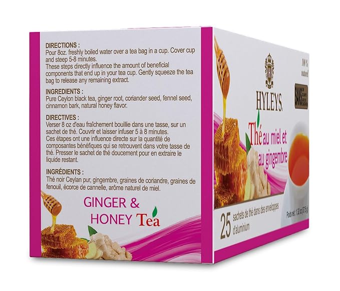 Hyleys Wellness Ginger & Honey Black Tea - Natural Digestive Support with Pure Ceylon Tea - 25 Tea Bags