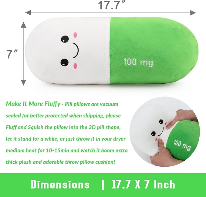 Pill Pillow Neck Roll Pillow Cute Preppy Room Decor Chill Pillows with Washable Cover, Funny Aesthetic Trendy Gift Throw Pillows for College Dorm Teenager Y2K Teacher Doctor Nurse (Green, M)
