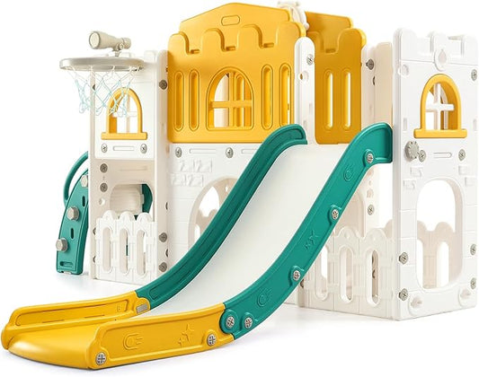 Toddler Slide 8 in 1 Toddler Playset for Toddlers Age 1-3, Baby Playset for Indoor Outdoor Playground with Climber, Crawling Tunnel, Basketball Hoop, Telescope, Toy Storage