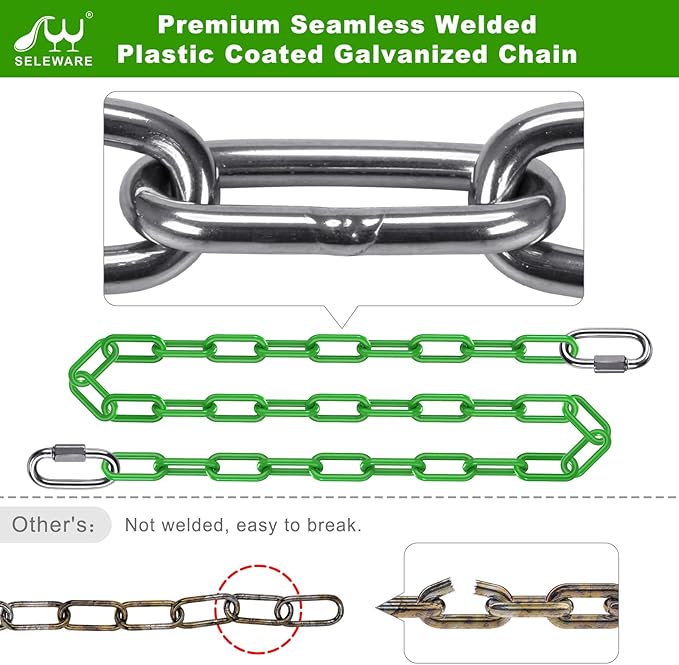SELEWARE 2 Pack 100 Inch Hanging Swing Chain with 4 Carabiners, 1000LB Capacity Plastic Coated Hanging Chains, Hammock Hardware Kit for Swing, Hanging Chair, Punching Bags, Indoor Outdoor Gym (Green)