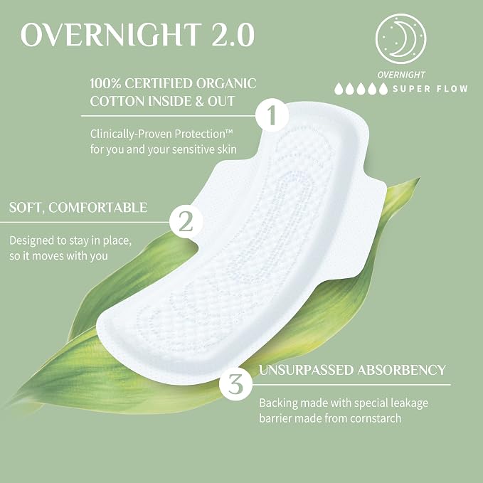Organyc New Version 100% Certified Organic Cotton Inside and Out Overnight Feminine Pads, Heaviest Flow, Super Absorbency 2.0, 7 Count (6 Pack)
