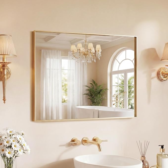 Sweetcrispy Bathroom Mirrors for Over Sink, 22" x 30" Rectangle Wall Mount Mirror with Metal Frame, Modern Vanity Mirror with Tempered Glass, for Home Decor, Anti-Rust, Gold