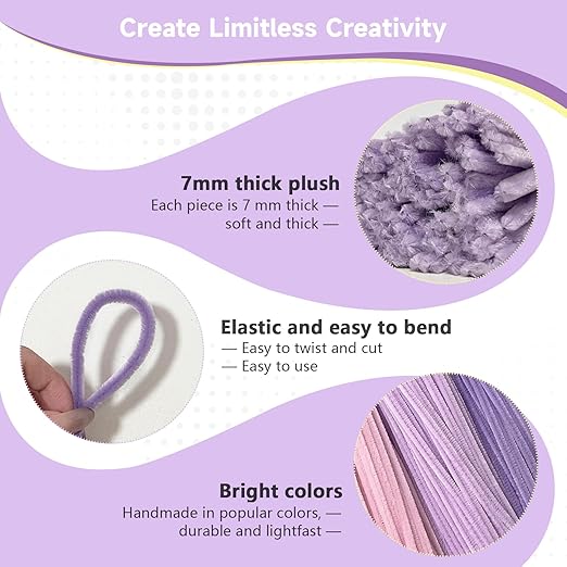 Pipe Cleaners Craft 300PCS 3 Colors Purple Pipe Cleaners Bulk 30CM Limpia Pipas para Manualidades Fuzzy Wire Chenille Stems for Arts Crafts and Creative DIY Projects Decorations
