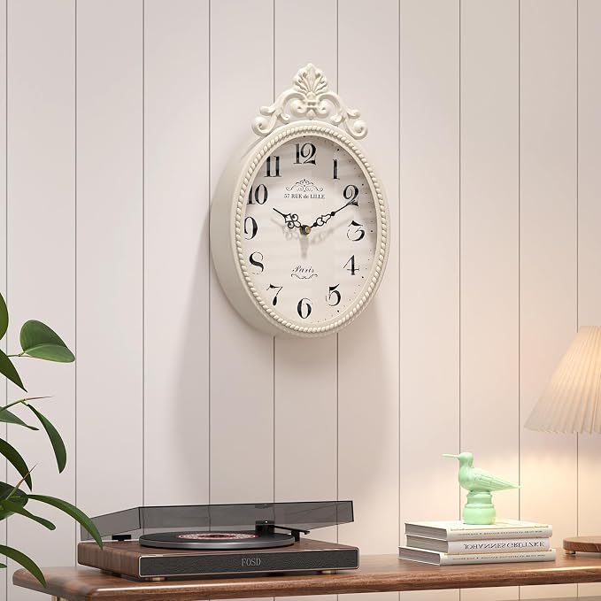 Abdurey Small French Retro Decor Wall Clock, Ivory White Vintage Oval Style | Silent Battery Operated Boho Decorative Wall Clocks for Farmhouse,Kitchen,Bedroom,Bathroom(10.4"H x 6.7"W)