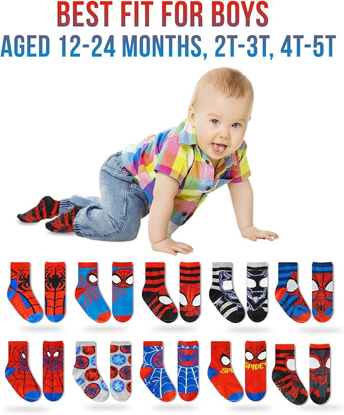 Marvel Spiderman Grip Socks, 10 Pack, Toddler Boys, Ankle Length, Multicolor, Small