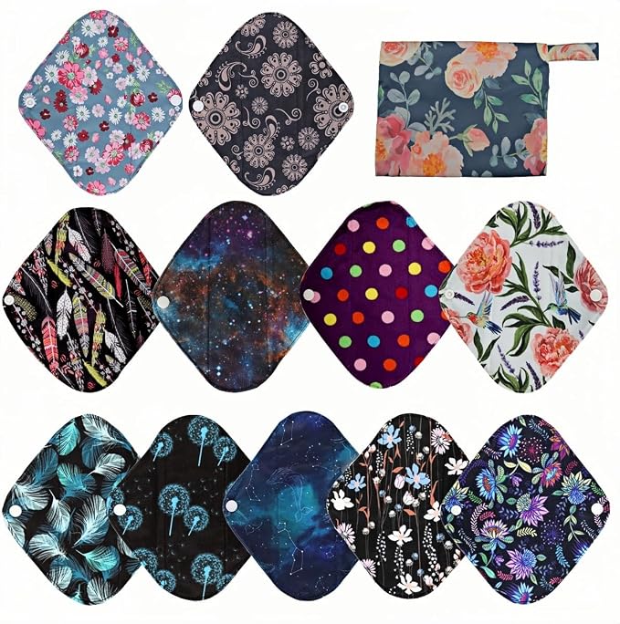 12 Pieces Cloth Menstrual Pads,Reusable Sanitary Pads,11 Pieces 8 Inch Panty Liner + 1 Picese Mini Bag