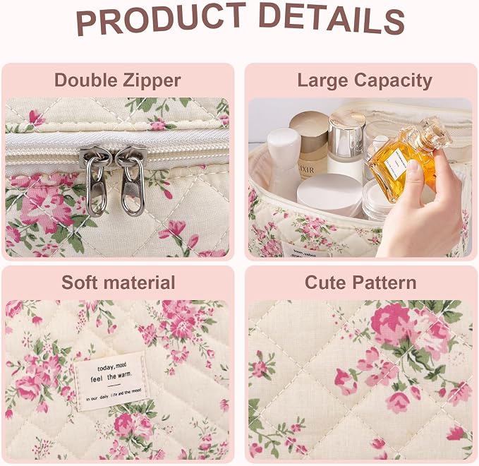 GISMTR 3Pcs Cotton Quilted Makeup Bag Large Travel Cosmetic Bag Coquette Makeup Pouch Cute Aesthetic Floral Toiletry Bag for Women Girls (flower-M)
