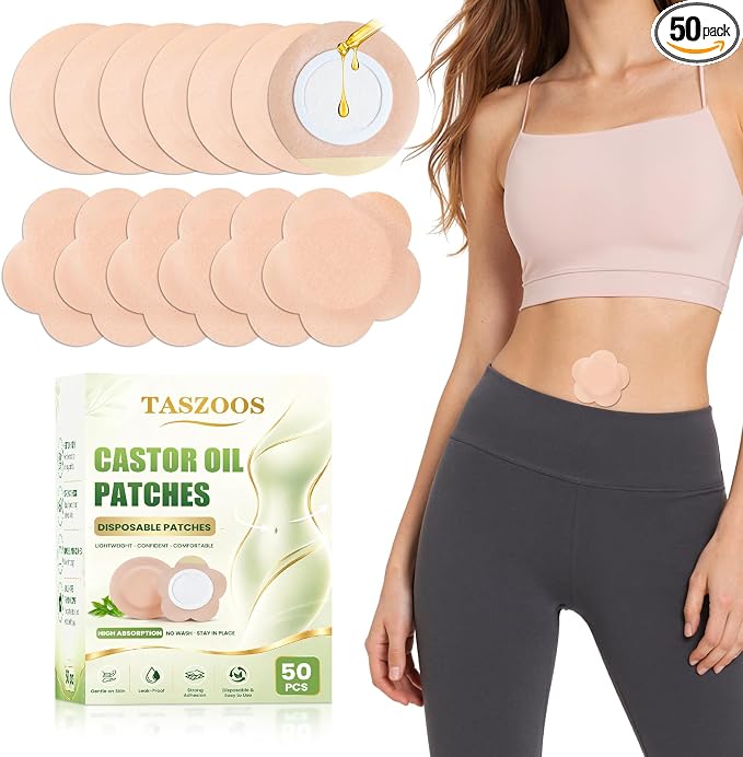 Castor Oil Patches for Belly Button, 50 Pack Disposable Self-Adhesive Patches with Cotton Pads, Leak-Resistant & Breathable Design, Portable, No Washing Needed (Beige)