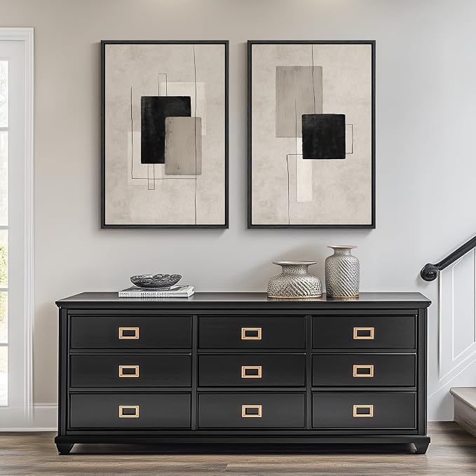 Framed Neutral Black Beige Abstract Wall Art Set of 2, Modern Minimalist Canvas Prints Paintings Artwork for Walls, Block Lines Pictures for Living Room Dining Room Bedroom Office Wall Decor 16x24 In