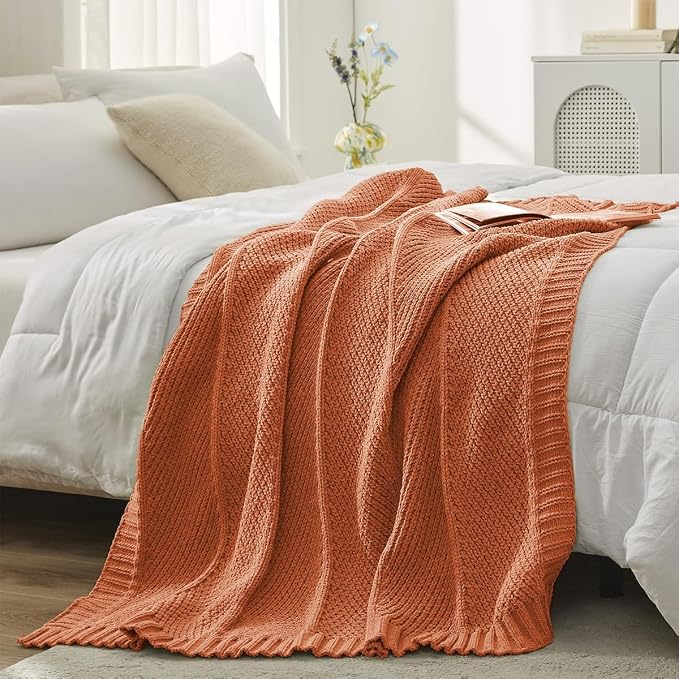 Knit Throw Blanket, Soft Chenille Cozy Breathable Chevron Chunky Decorative Blanket for Couch, Bed & Sofa, French-Inspired Lightweight Warm Gift for Women, Orange, 50"x60"