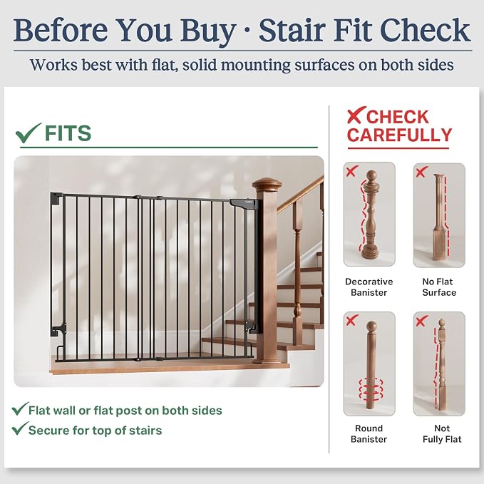 Cumbor 34" Extra Tall No Bottom Bar Baby Gate for Stairs, Hardware Mounted Dog Gate Indoor for Larger Pets, Expandable 31.6-48" Safety Gate for Doorways, Wide Walk Thru Door for Easy Access (Black)
