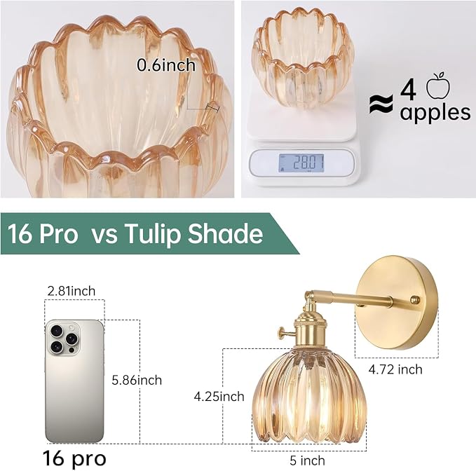 Shenmoyl Vintage Wall Sconces with Amber Tulip Glass Lampshade 180 Degree Adjustable Brass Sconces Hradwired Modern Wall Lighting Fixture with Switch for Bedside Bedroom Doorway
