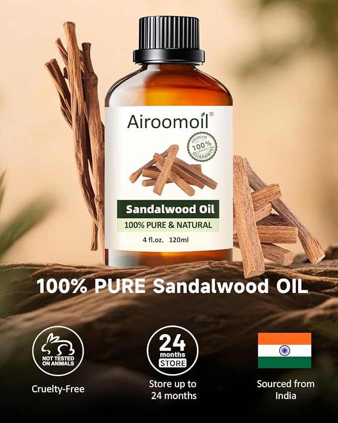 Sandalwood Essential Oil, Woody Scent, Aromatherapy, 4 Fl Oz | for Skin, Hair care, Home Diffusion Fragrance, Body Massage, DIY Candle and Soap Making, Perfume spray, Long-Lasting Scent