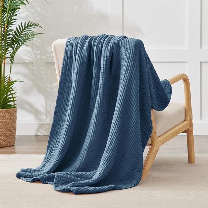 100% Cotton Muslin Blanket Twin 60" x 80", Breathable and Lightweight Cotton Twin Blankets for Couch, Soft Cooling Summer Gauze Blanket for Adults All Season, Grayish Blue