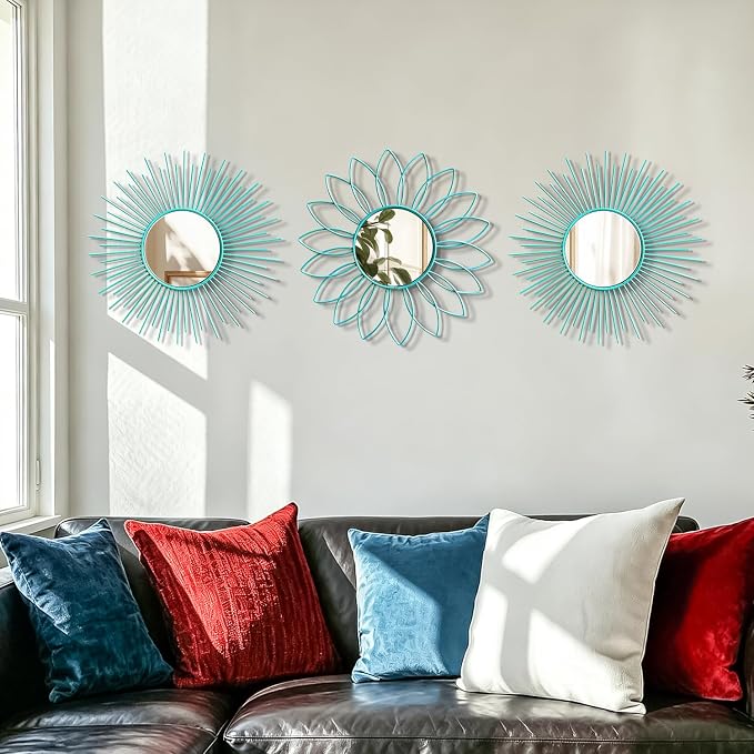 3 Pack Metal Mirrors for Wall Sunburst Wall Mirrors Home Décor Decorative Hanging Wall Art for Living Room Bedroom Entryway (Greenish Blue, Flower+Sunburst)