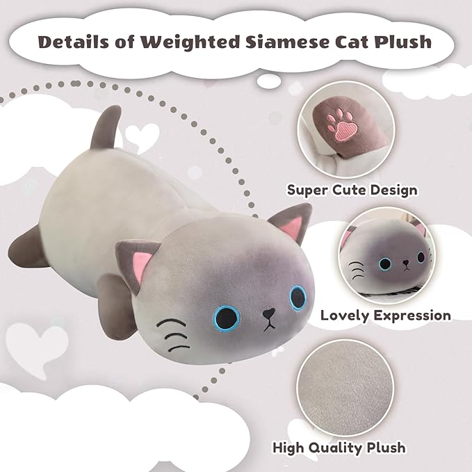 Weighted Siamese Cat Stuffed Animals, Cute Weighted Siamese Cat Plush, Soft Stuffed Weighted Plushie Pillow Gifts for Girls Boys(9.8" 0.8Lbs)