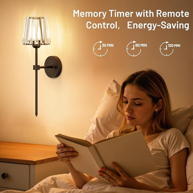 Crystal Battery Operated Wall Sconces Set of 2, Black Rechargeable Wireless Wall Sconce Lights with Crystal Lampshade, 12 RGB and 3CCT Dimmable Wall Lamps with Remote for Bedroom Living Room Hallway