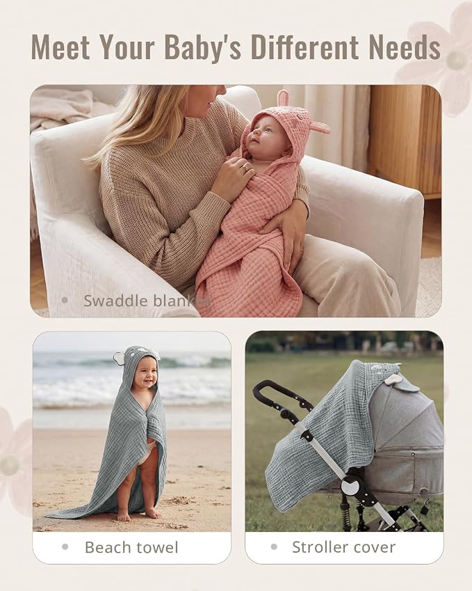 Blissful Diary Muslin Baby Hooded Towel 2 Pack, Soft & Absorbent Bath Towel for Infant, Toddler, Unisex, Baby Gift, Newborn Essentials, Wise Elephant & Sweet Bunny