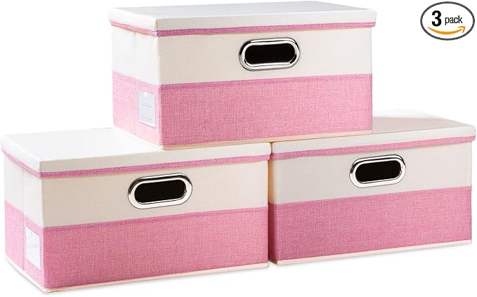 Collapsible Storage Bin with Lid [3-Pack] Fabric Foldable Storage Box Organizer Container Basket Cube with Cover for Home Bedroom Closet Office Nursery Pink&Cream(14.9x9.8x9.8)