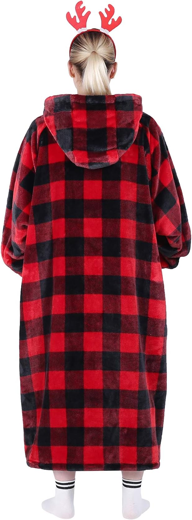 Waitu Wearable Blanket Hoodie Sweatshirt Gifts for Adult and Child, Warm and Cozy Giant Hoodie Blanket for Women and Men, Flannel Blanket with Sleeves - Red and Black Plaid