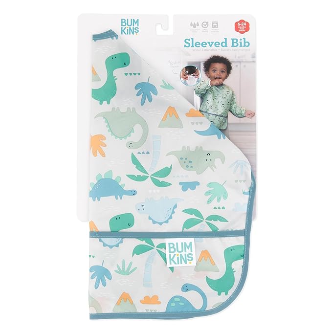 Bumkins Sleeved Bib for Girl or Boy, Baby and Toddler for 6-24 Mos, Essential Must Have for Eating, Feeding, Baby Led Weaning Supplies, Long Sleeve Mess Saving Food Catcher, Fabric, Dinosaur Gray