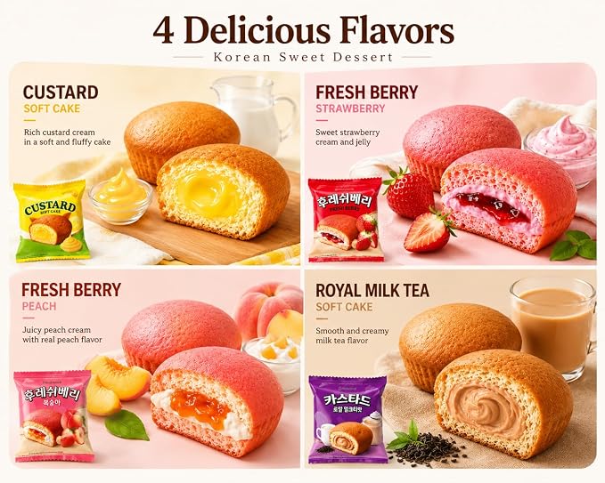 Orion Korean Sweet Dessert Variety Pack, Custard Soft Cake Assortment, Individually Wrapped Korean Snacks, Custard, Strawberry, Peach & Royal Milk Tea Flavors, 12 Packs Total, 0.88 oz Each