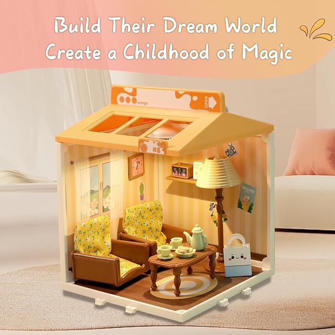 DIY Miniature House Play Kit for Beginners, Playhouse Toys for Boys and Girls, Home Scene Toys, Suitable for Children Aged 345678, immersive Experience of Life Scenes (Sunny Hugs Living Room)