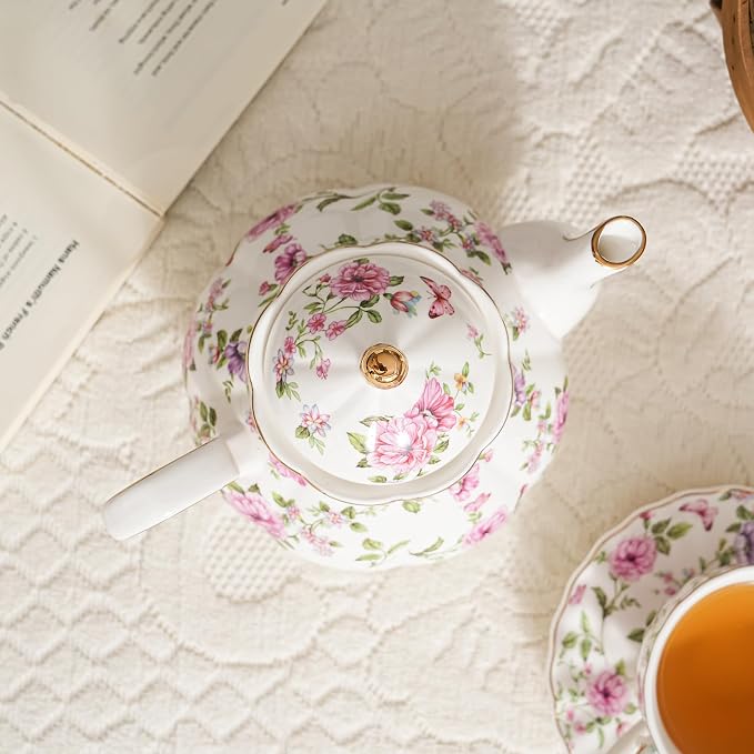 Agyiuns Flower Ceramic Teapot,22oz Porcelain Tea pot for Tea Coffee Milk for Office Home Men Women as Gift (White and big flowers)