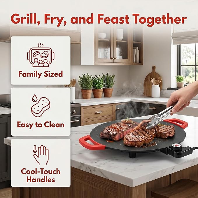 Electric Indoor Grill Nonstick Smokeless, 12/14/16 Inch Korean BBQ Grill with Temperature Control, Fast Heating Korean Style Round Grill, Includes Oil Brush & Food Tongs for Steak Pancakes BBQ (14in)