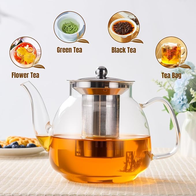 PARACITY Glass Teapot Stovetop 50 OZ/1500ml, Tea pot with Removable 18/8 Stainless Steel Infuser, Borosilicate Clear Tea Kettle, Teapot Blooming and Loose Leaf Tea Maker Tea Brewer for Camping, Travel