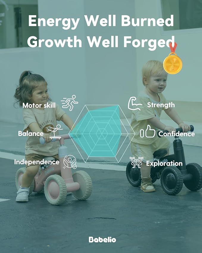 Babelio Updated Baby Balance Bike for 1 Year Old Boys Girls, 10-36 Month Toddler Balance Bike, 4-Wheel Off-Roader Design, Adjustable Seat & Handlebar - Green