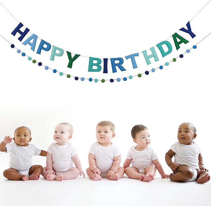 2 PCS Pre-Strung 3D Felt Happy Birthday Banner - Reusable Blue and Green Happy Birthday Decorations Sign,Handmade Wool Felt Ball Garland, Pom Pom Garland, Party Decor, Photo Prop