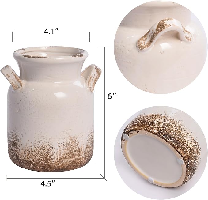 Quoowiit Ceramic Rustic Farmhouse Vase, Distressed Decorative Flower Vase for Home Decor, Ideal Shelf Decor, White Boho Vase for Living Room Bedroom Kitchen Office Decor Centerpiece Table Decorations