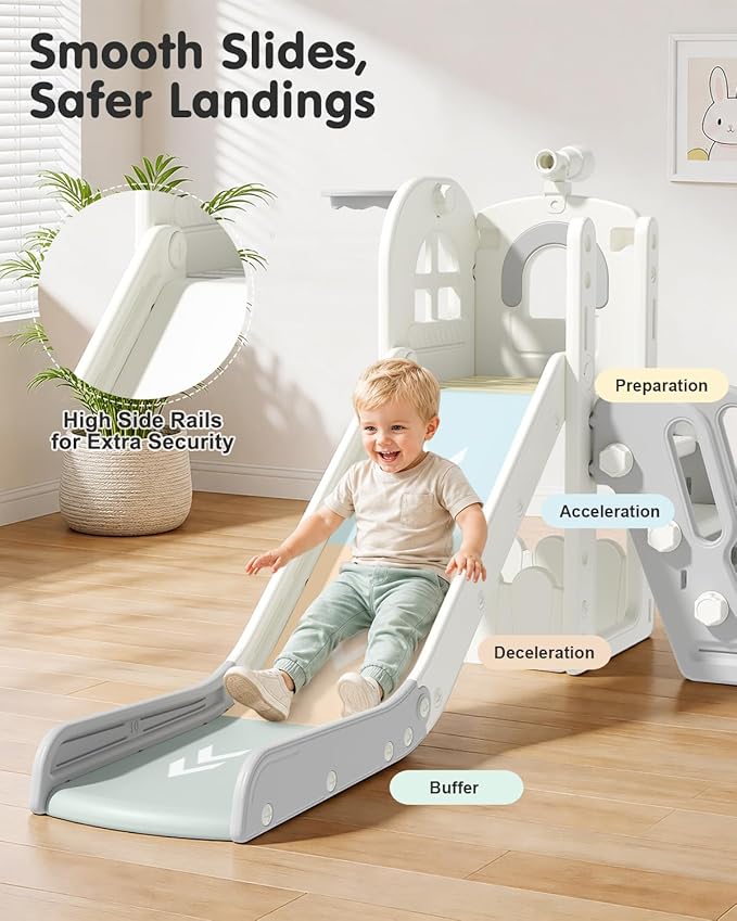 Babytronic Toddler Slide for Kids 1-3, 6-in-1 Toddler Slide Set with Basketball Hoop & Telescope, Indoor Outdoor Toddler Playset, Kids Climber Playset for Small Spaces, Indoor Playground, Cream & Gray