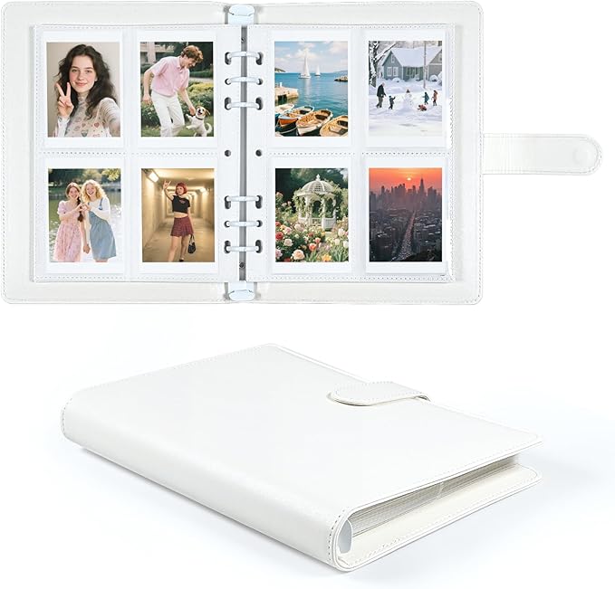 2x3 Photo Album, Refillable PU Leather A5 Photo Binder with Adjustable Pages, 200 Pockets for Fujifilm Instax Mini 12 11 9 40 99 90 8 7 Evo LiPlay, Polaroid Snap PIC-300 Z2300 Instant Cameras (White)