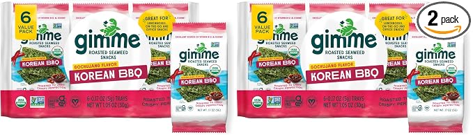 Gimme Seaweed Organic Premium Roasted Seaweed Snacks,Korean BBQ,Keto,Vegan,Gluten-Free,Great Source of Omega3s and Iodine,Healthy On-The-Go Snack for Kids and Adults,6 Count (Pack of 2)