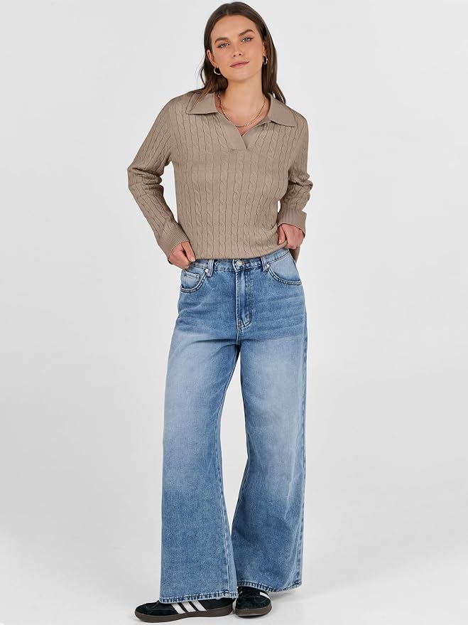 ANRABESS Womens Cable Knit Sweaters Long Sleeve V Neck | Pullover Collared Sweater Tops, Polo Knit Shirts, Business Casual Work, Tennis Golf, Fall Winter Fashion Outfits