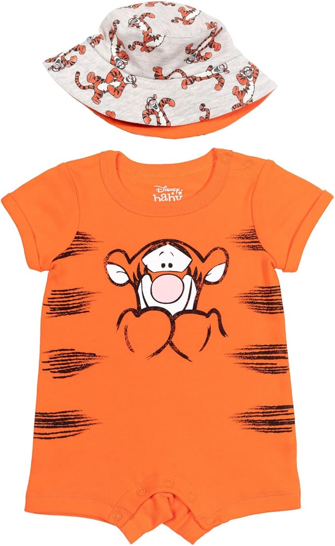 Disney Baby Romper and Reversible Bucket Sun Hat Outfit Set Newborn to Infant Sizes (Newborn - 24 Months)