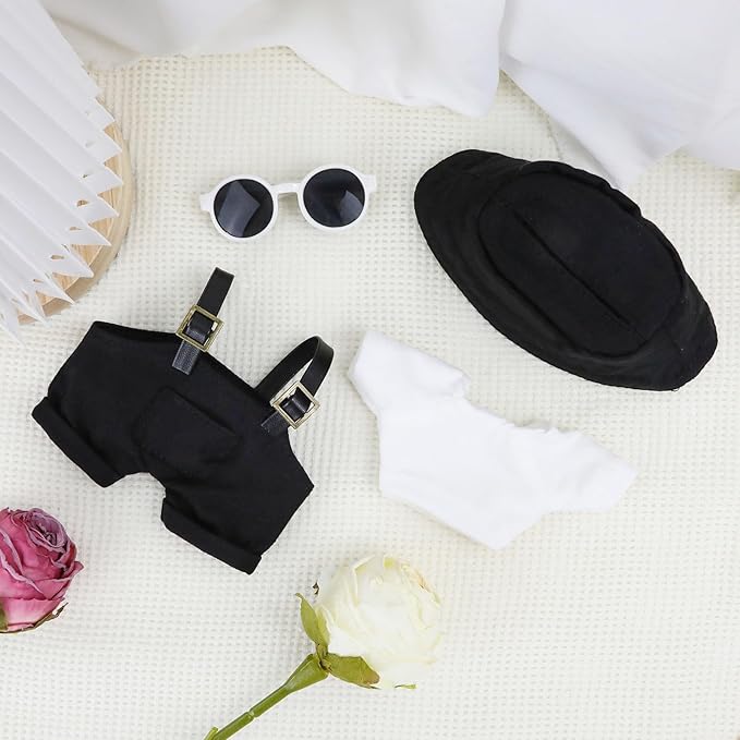 Doll Clothes17cm Black Outfits for Dolls Cute Hat Overalls Set Glasses and White T-Shirt Exquisite Clothes Accessories (Black Jumpsuit)