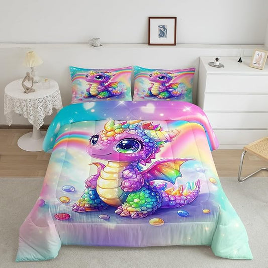 Feelyou Dragon Comforter Set Full Size Dragon Stuff Comforter for Boys Girls Teens Cute Bedding Set Dragon Decor Duvet Set Room Decor Multicolored Quilt Set