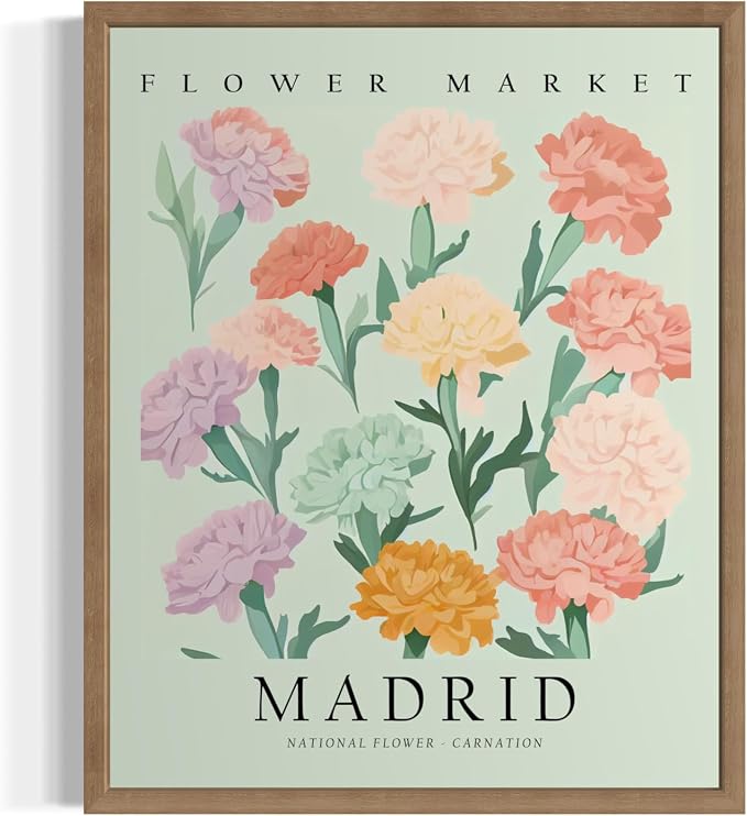 Spain Flower Market Art Print Poster, Wall Art Floral Painting Botanical Decor for Bedroom, Kitchen, Bathroom Livingroom Decoration 82B (Spain, 20"L x 16"W, Wood Frame)