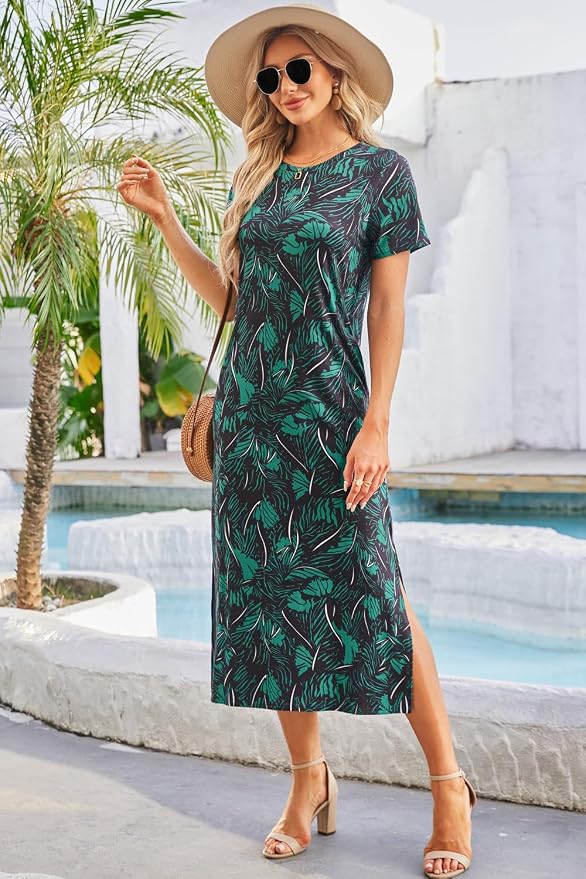 Naggoo Women's Casual T Shirt Midi Dress with Side Slit and Pockets