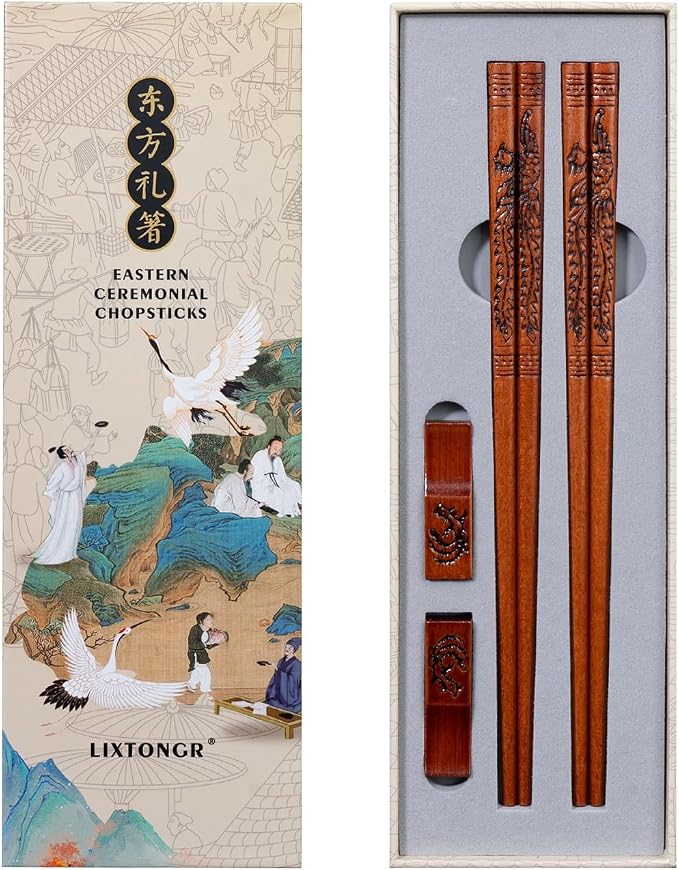 Phoenix Wooden Chopsticks Set, Hand-Carved, 2 Pairs | Non-slip grip, balanced design; reusable daily tableware; for sushi, ramen, BBQ, great wedding & housewarming holiday gifts