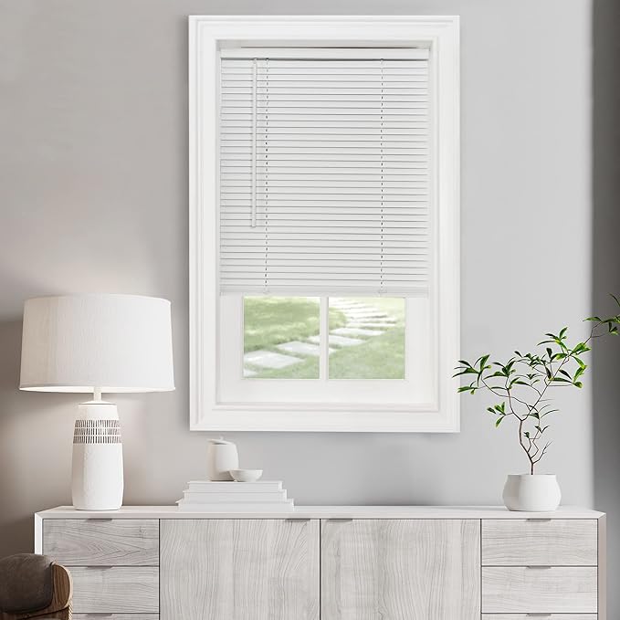 Cordless Light Filtering Mini Blind - 27 Inch Width, 48 Inch Length, 1" Slat Size - Pearl White - Cordless GII Morningstar Horizontal Windows Blinds for Interior by Achim Home Decor