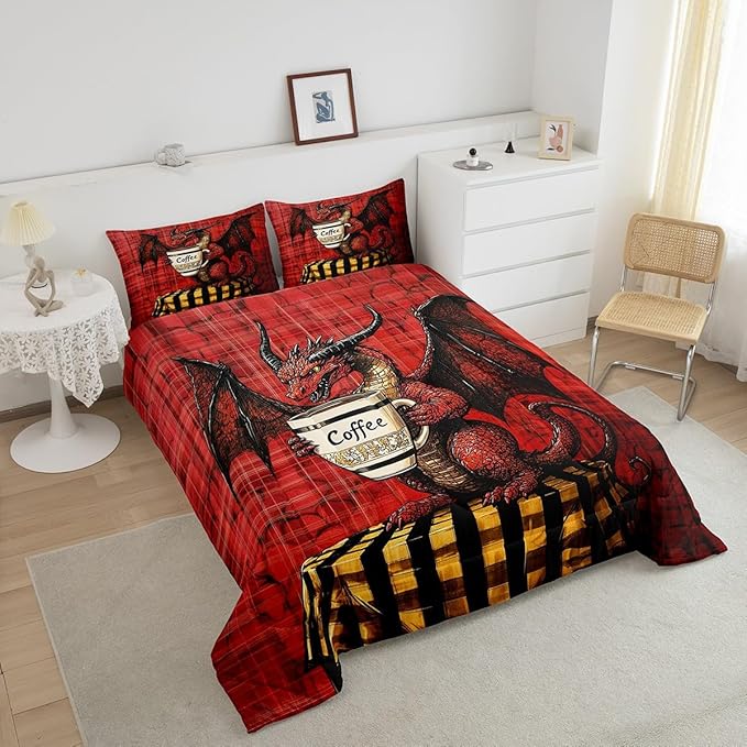 Feelyou Dragon Comforter Set King Size Dragon Stuff Comforter for Boys Girls Teens Wild Life Bedding Set Coffee Duvet Set Room Decor Red Quilt Set