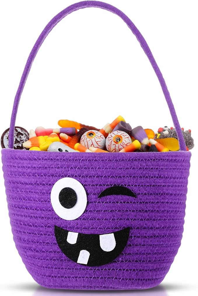 Halloween Trick or Treat Basket with Handle Cute Bucket Cotton Rope Woven Candy Bag Pumpkin Witch Cat Pig Storage Basket for Halloween Party Favor (Purple,Witch)
