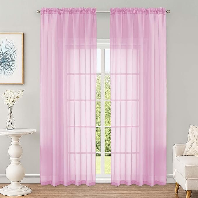 OWENIE Pink Sheer Curtain 90 Inches Long 2 Panels Set, Solid Filmy Drapes for Living Room Bedroom, Elegant Window Voile Sheer Curtain Panels Drapes, 2 Pcs, Each 59" Wx90 L Inch