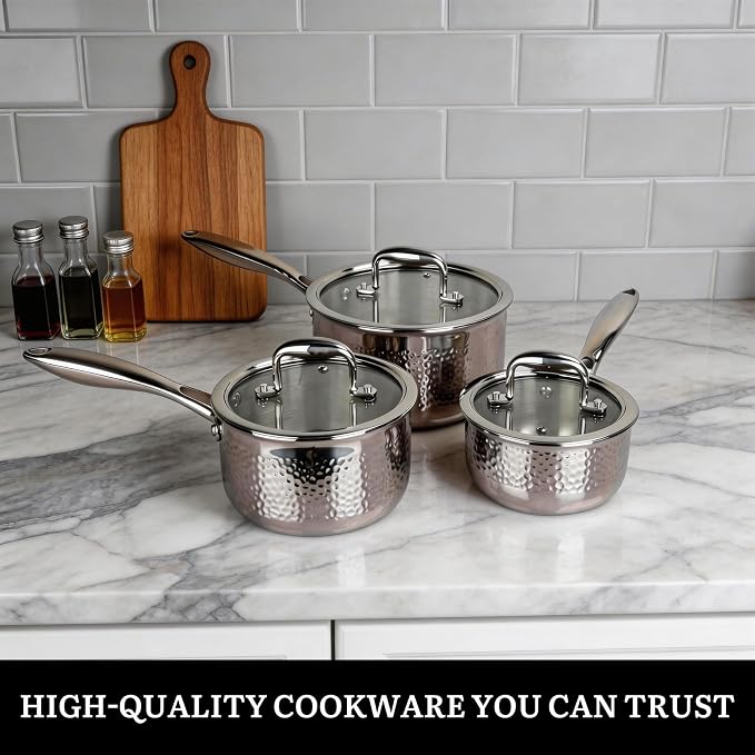 imarku 14-Piece Tri-Ply Hammered Stainless Steel Cookware Set | Multifunctional 14pc Pots and Pans with Steamer | Non-Toxic No-Coating Nonstick | Induction & Oven-Safe up to 500°F