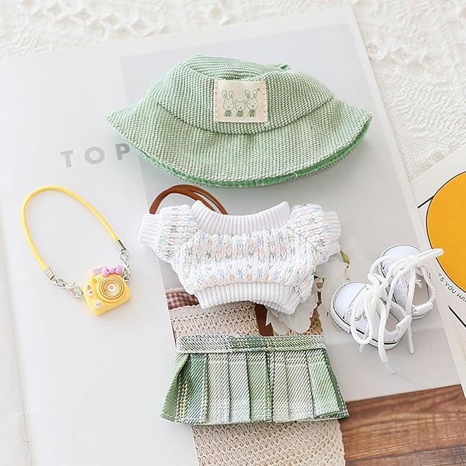 Clothes for 17cm Dolls Sweater Clothes Accessories(No Doll Only Clothes), Stylish Outfit Suitable for 6.69inch (17cm) Doll Soft Clothing Replacement(WhiteA+hat+Dress+mini Pendant+Shoes)