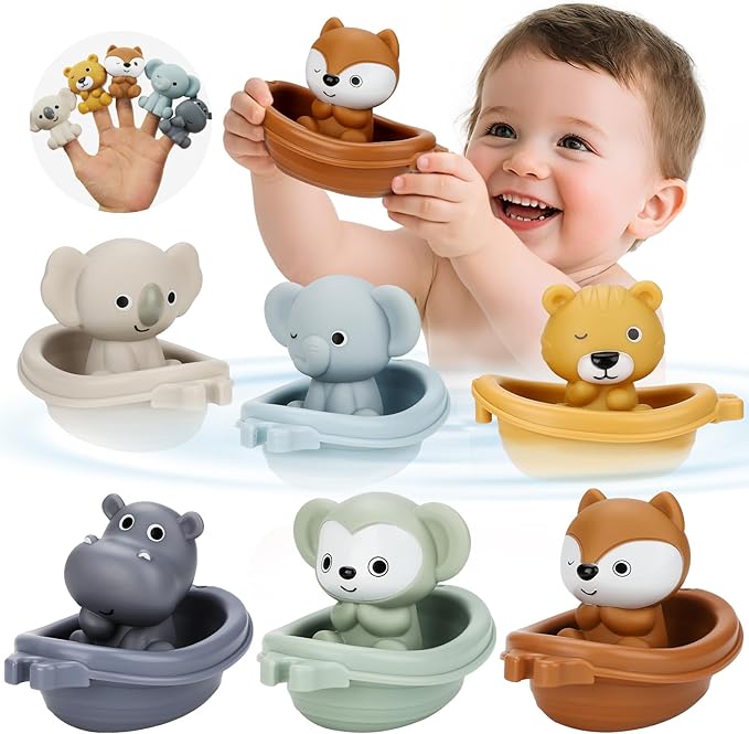 Bath Toys Float Boats for Kids Ages 18M+,Stackable Floaty Boat,Silicone Animal Finger Puppets,Toddler Toys Gifts for 2-4 Year Old Baby Gifts Valentines Easter Basket
